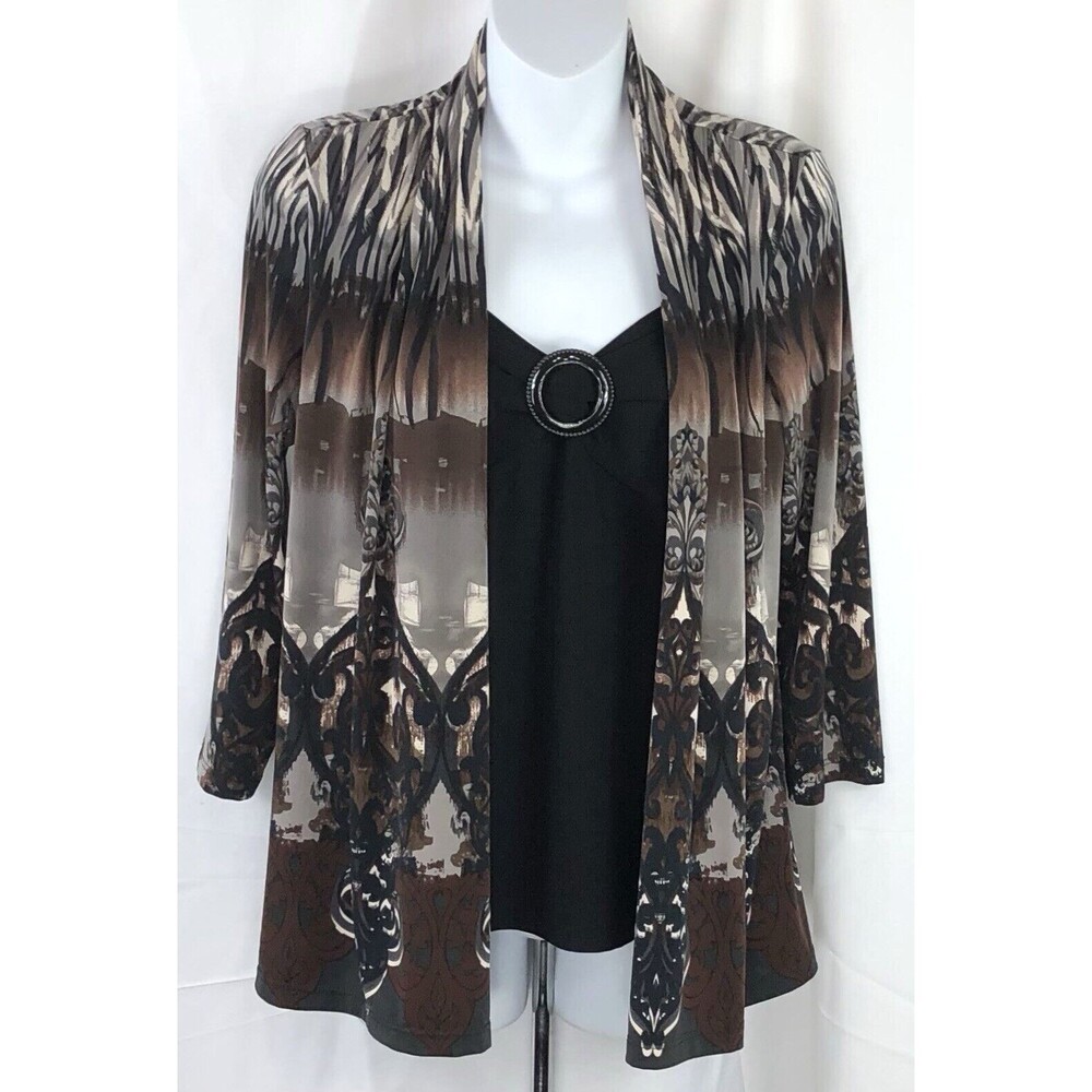 Notations Combo Cardigan Knit Top S Brown Gray Geo Open empire 3/4 Sleeve office